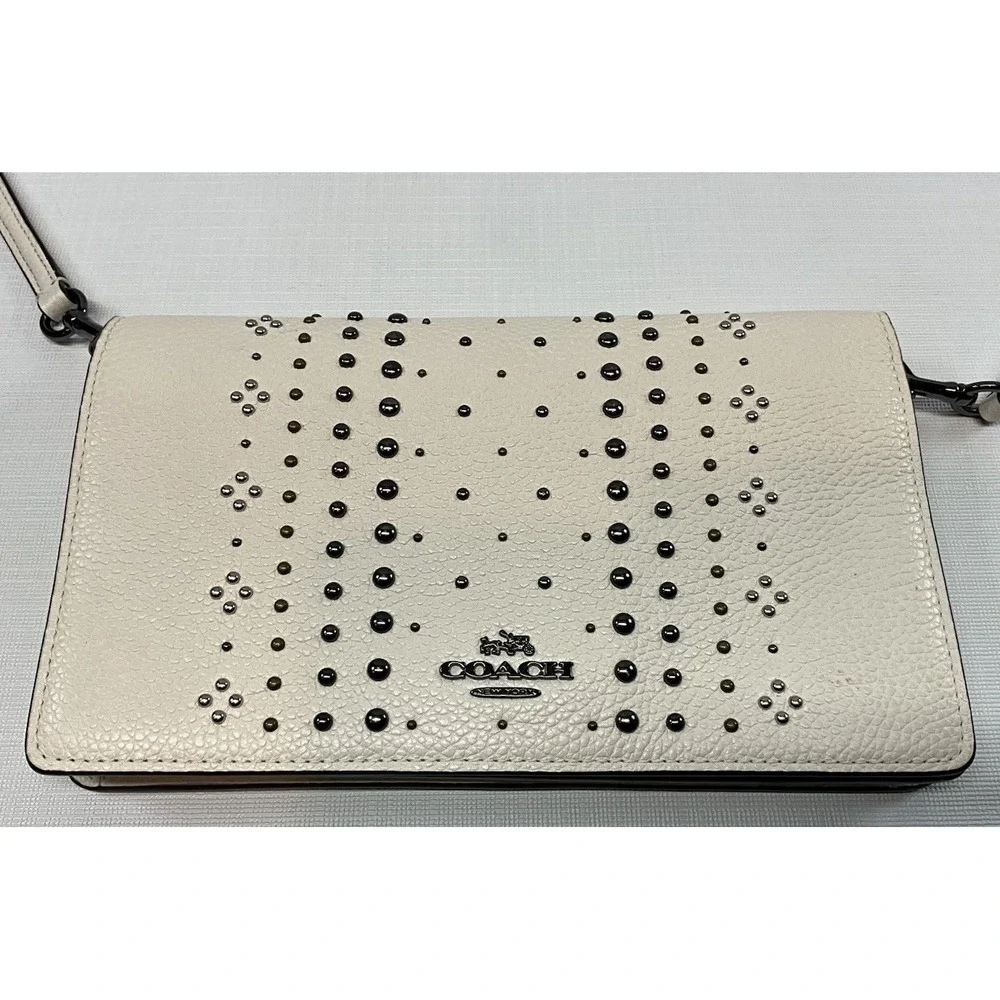 COACH Bandana Rivets Foldover Crossbody Purse Bag Ivory Pebbled Leather VGUC
